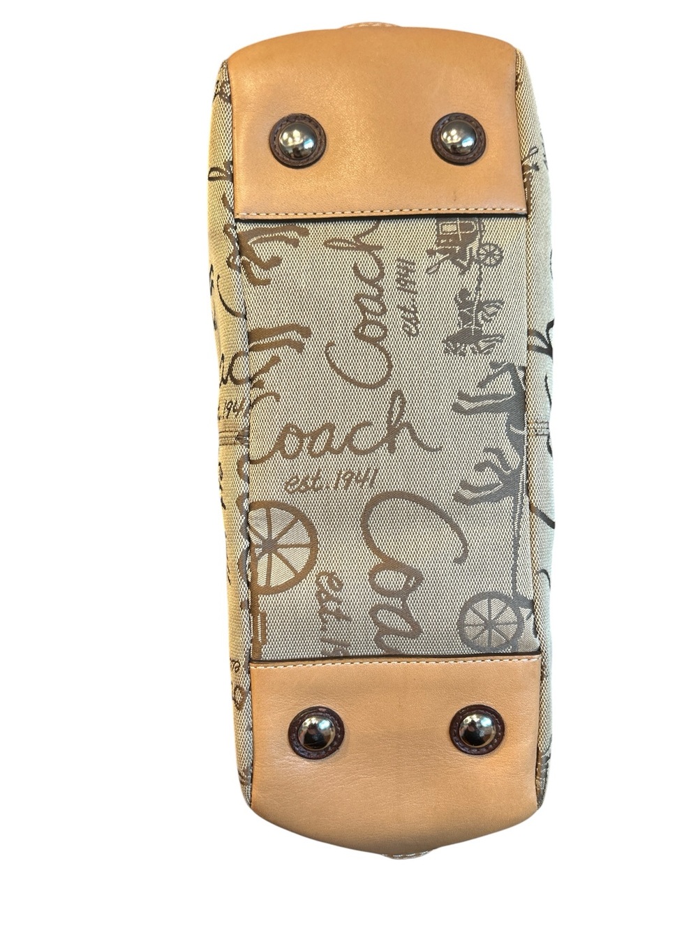Coach Horse and Carriage print tote bag with brown leather trim. - Picture 5 of 8